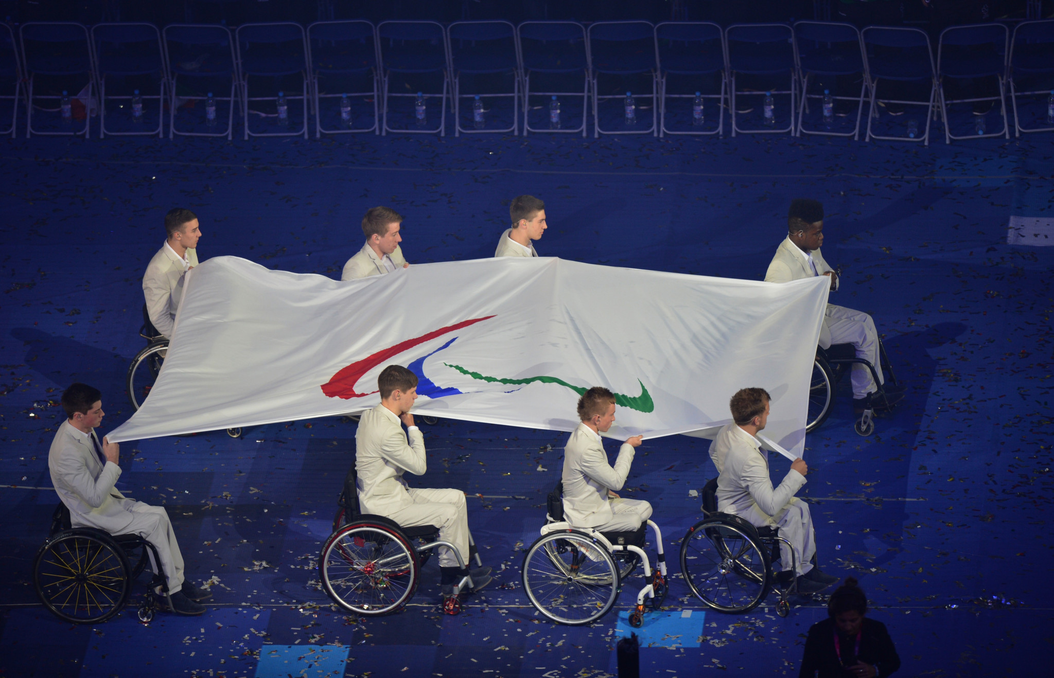 The Paralympic Flag is carried to be raised during the opening ceremony of the London 2012 Paralympic Games at the Olympic Stadium in east London on August 29, 2012 ©Getty Images
