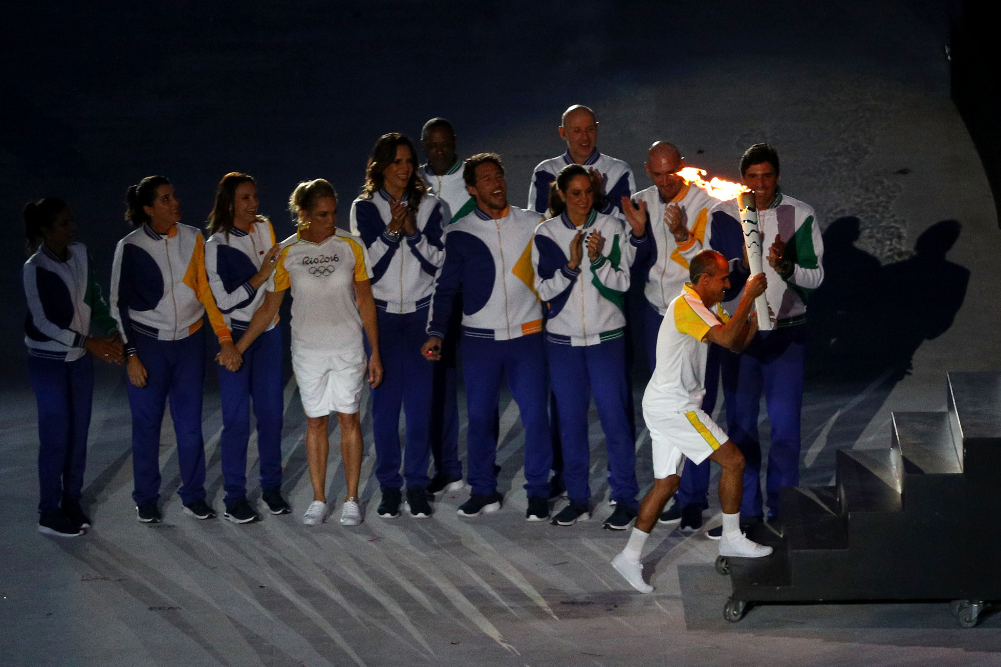 Former Brazilian athlete Vanderlei Cordeiro de Lima lights the Olympic cauldron with the Olympic torch during the opening ceremony of the Rio 2016 Olympic Games ©Getty Images
