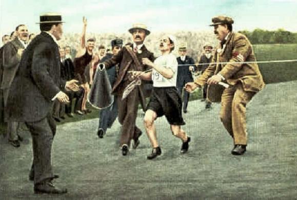 Dorando Pietri at the Marathon finish Olympic Games 1908 London